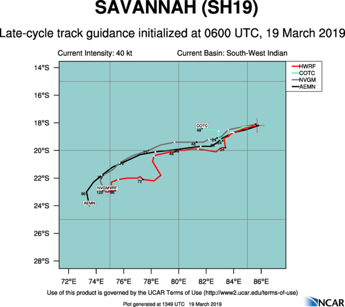 15UTC: SOUTH INDIAN: TC SAVANNAH(19S) with flaring convection but still expected to fall below 35knots intensity in 36hours