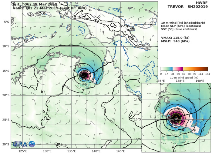 15UTC: TC TREVOR(20P) is overland, rapid intensification over the Gulf of Carpentaria expected after 36hours 15UTC: TC TREVOR(20P) is overland, rapid intensification over the Gulf of Carpentaria expected after 36hours