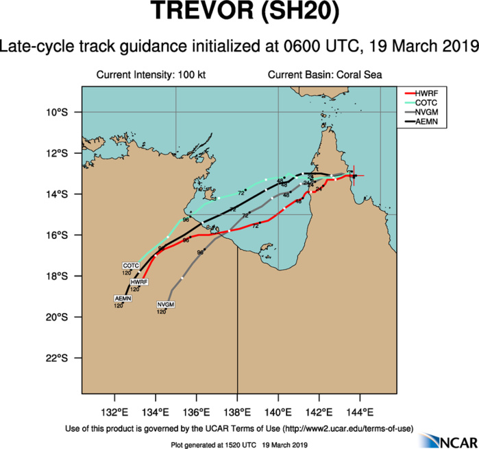 15UTC: TC TREVOR(20P) is overland, rapid intensification over the Gulf of Carpentaria expected after 36hours 15UTC: TC TREVOR(20P) is overland, rapid intensification over the Gulf of Carpentaria expected after 36hours