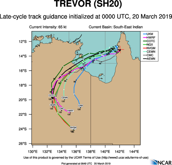 09UTC: TC TREVOR(20P): close to moving back over sea, expected to intensify rapidly next 48h over Gulf of Carpentaria 09UTC: TC TREVOR(20P): close to moving back over sea, expected to intensify rapidly next 48h over Gulf of Carpentaria