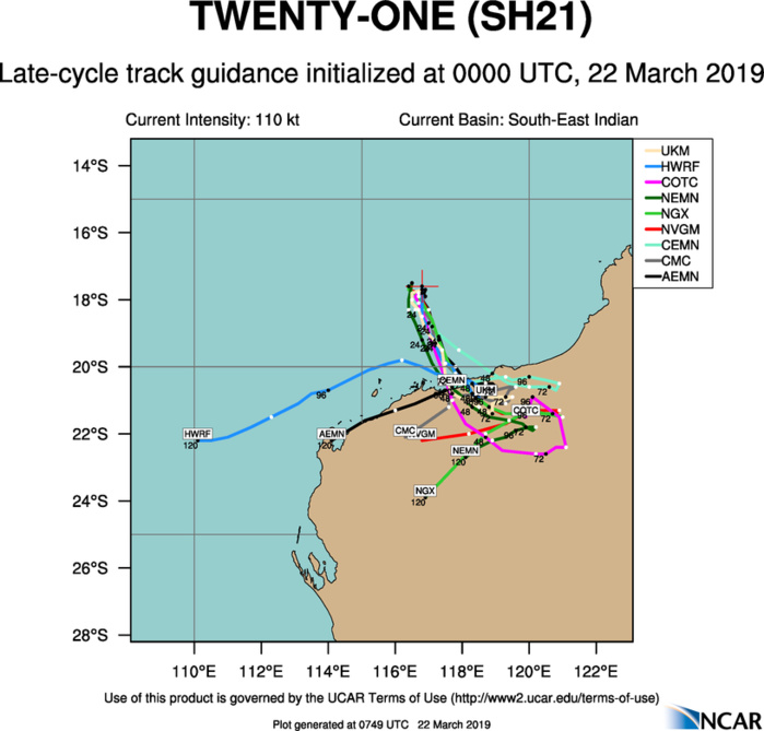 09UTC: VERONICA(21S) category 3 US slowly approaching the Pilbara coast