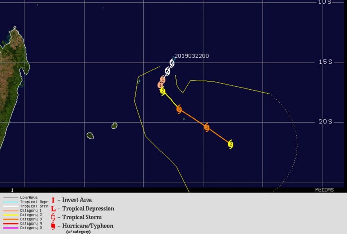 JOANINHA pourrait s'approcher dangereusement de Rodrigues dans 3 jours au premier stade de cyclone intense(catégorie 3 US).