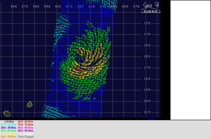 Le satellite Ascat de 9h14 ce matin montre que les vents les plus forts sont au sud sud-ouest du centre.