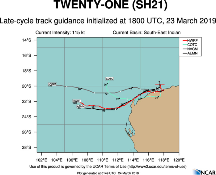 03UTC: VERONICA(21S) powerful category 4 US, 95km northeast of Karratha slowly approaching the coast