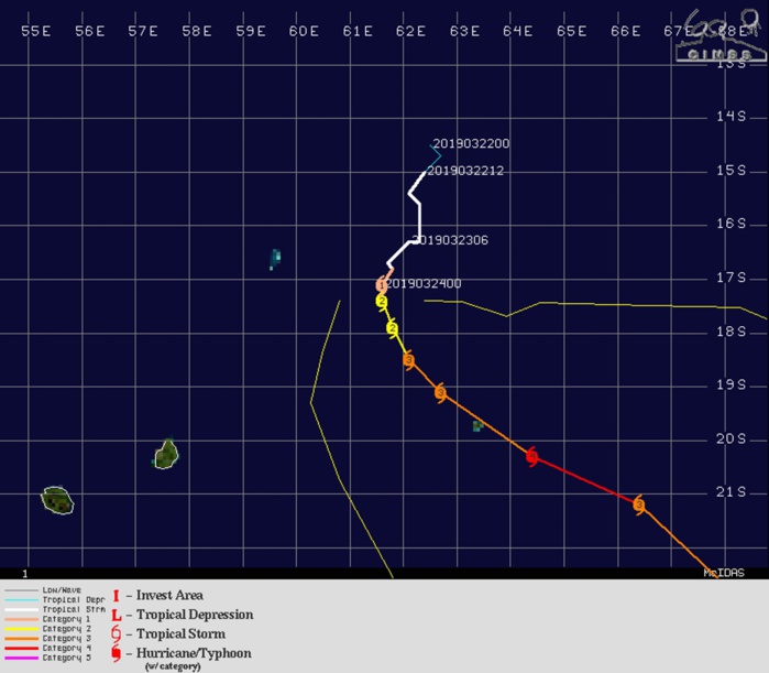 Bulletin N9 de la Navy: le cyclone intense(catégorie 3 US) pourrait passer au plus près de Rodrigues mardi matin.