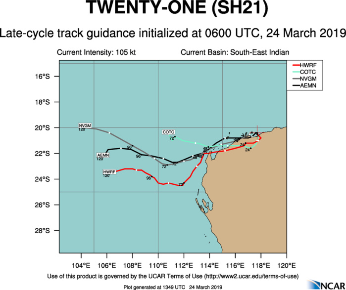 15UTC: VERONICA(21S) category 2 US, inland moving close to the coastline but weakening significantly next 48hours