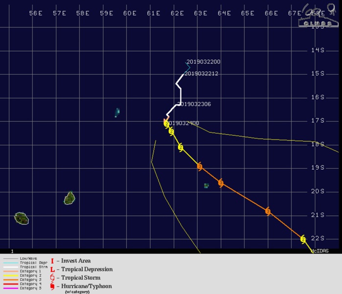 15UTC: JOANINHA(22S) category 2 US, reaching category 3 within 36h while approaching slowly but dangerously Rodrigues island