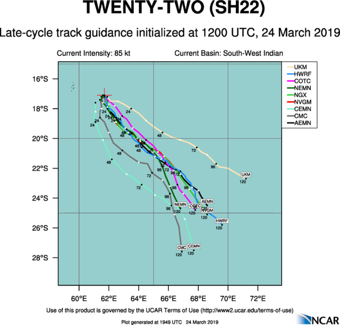21UTC: JOANINHA(22S) intensifying to category 3 US within 12hours, tracking very close to the east of Rodrigues shortly after 36h 21UTC: JOANINHA(22S) intensifying to category 3 US within 12hours, tracking very close to the east of Rodrigues shortly after 36h