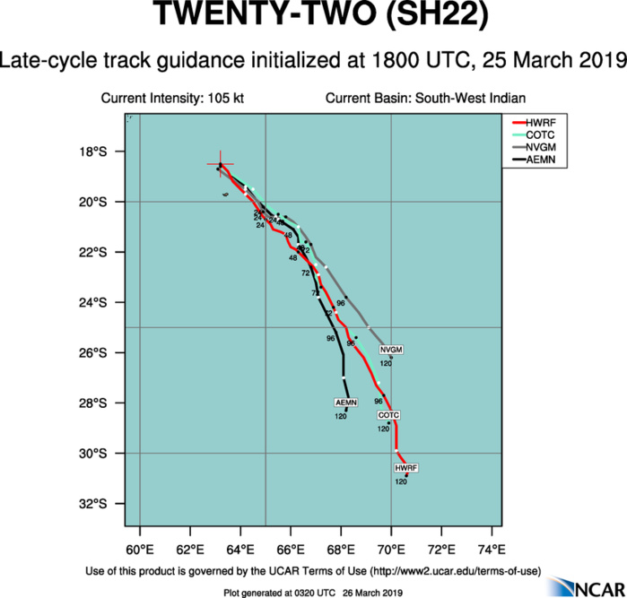 03UTC: JOANINHA(22S) top category 3 US tracking about 60/70km to the north-east of Rodrigues within the next 3/6hours