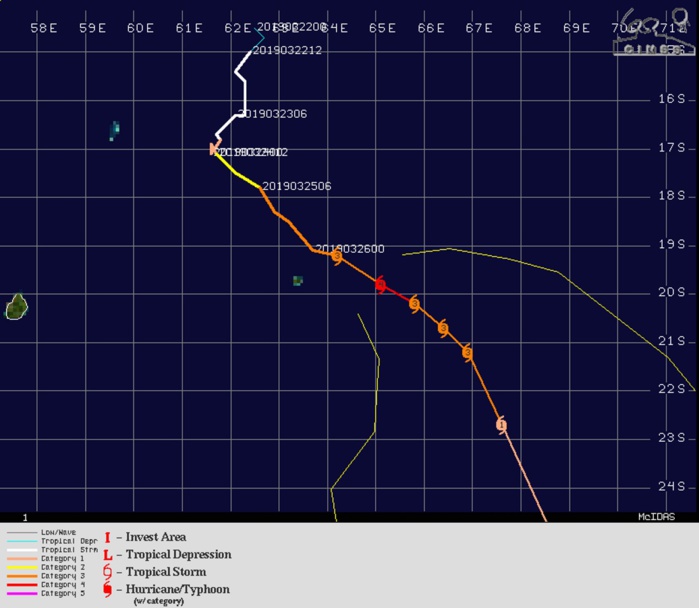 09UTC: JOANINHA(22S) top category 3 US, slowly moving away from ROD, may still peak as a category 4 US