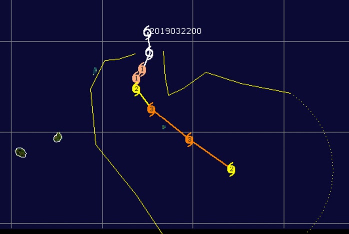 Prévi N1 établie par le Joint Typhoon Warning Center 4 jours avant le passage effectif au plus près de Rodrigues.