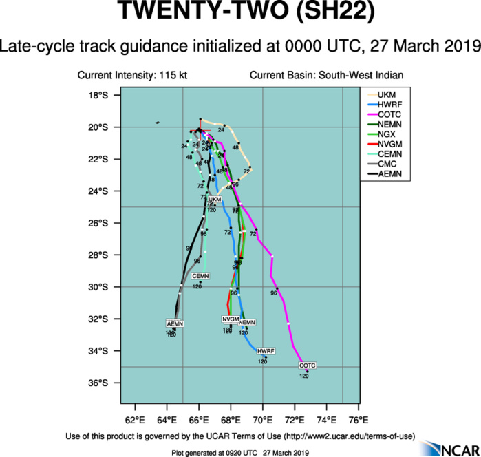 09UTC: JOANINHA(22S) top category 3 US, still slow-moving forecast to accelerate poleward after 48hours while weakening gradually 09UTC: JOANINHA(22S) top category 3 US, still slow-moving forecast to accelerate poleward after 48hours while weakening gradually