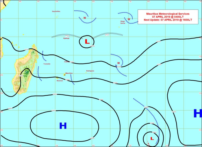 Carte synoptique établie par MMS/Vacoas à 4h ce matin. Carte synoptique établie par MMS/Vacoas à 4h ce matin.