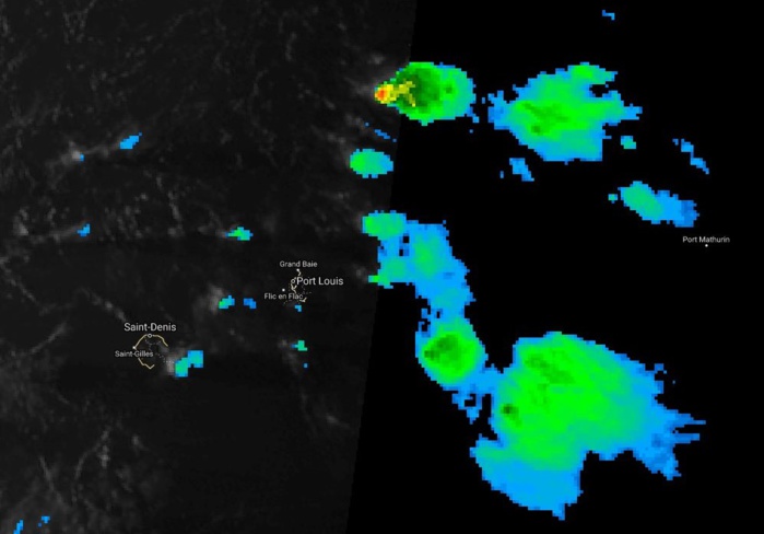 Photo satellite de 18h: la zone d'instabilité est déjà bien formée dans l'est de Maurice. Photo satellite de 18h: la zone d'instabilité est déjà bien formée dans l'est de Maurice.