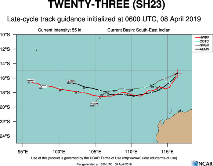 15UTC: TC WALLACE(23S) near peak intensity, forecast to weaken rather rapidly after 24hours 15UTC: TC WALLACE(23S) near peak intensity, forecast to weaken rather rapidly after 24hours