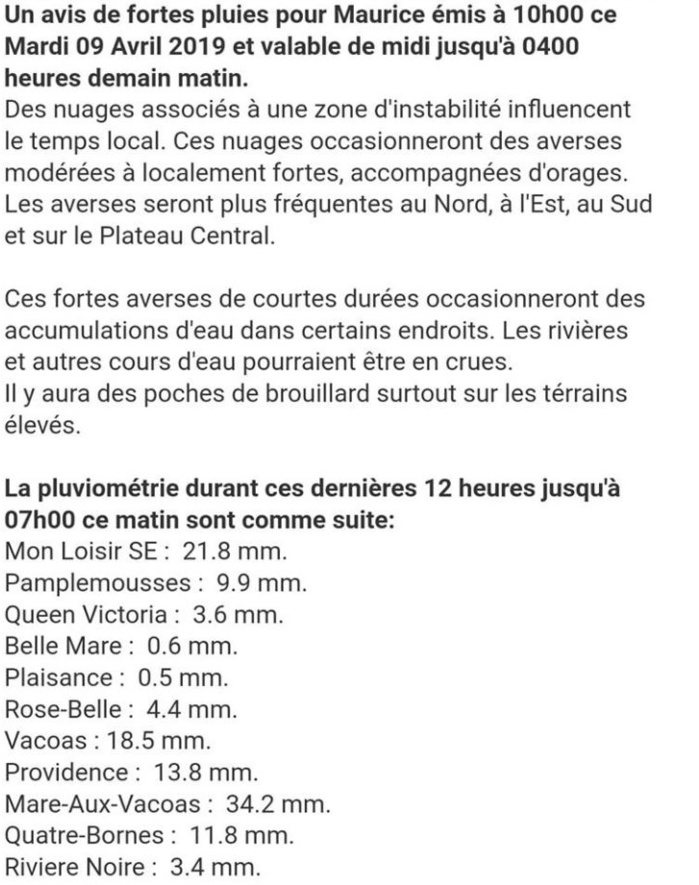 10h30: Avis de Fortes Pluies émis à Maurice par MMS/Vacoas à 10heures ce matin valable jusqu'à 4heures Mercredi matin.