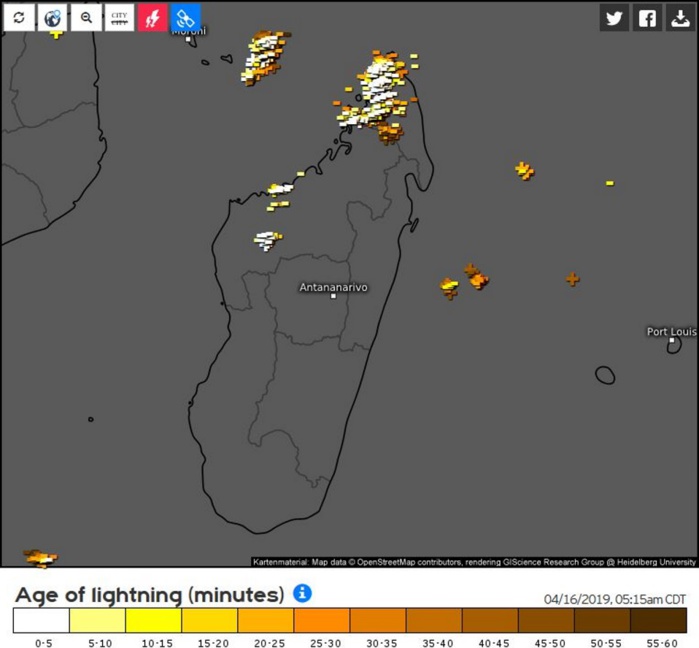 Conditions très orageuses sur la pointe nord de la Grande Ile et partiellement sur les Comores. Image de 13h15/Mada.