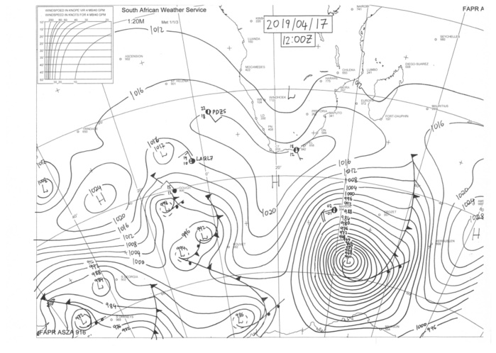 Carte synoptique de 16heures. Météo Sud Afrique.
