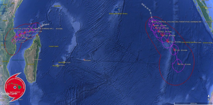 Prévisions de trajectoire et d'intensité de la Navy US pour les deux systèmes cycloniques tropicaux actuellement sur le Sud de l'océan indien. Prévisions de trajectoire et d'intensité de la Navy US pour les deux systèmes cycloniques tropicaux actuellement sur le Sud de l'océan indien.