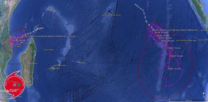 09UTC: TC KENNETH(24S) intensifying and heading for Grande Comore/ TC LORNA(25S): slowly intensifying over open waters
