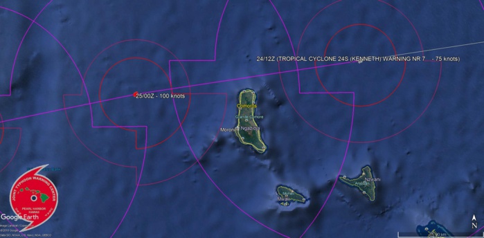 Sur cette prévision l'oeil du cyclone KENNETH pourrait passer à moins de 15km des côtes nord de Grande Comore en milieu de nuit prochaine.