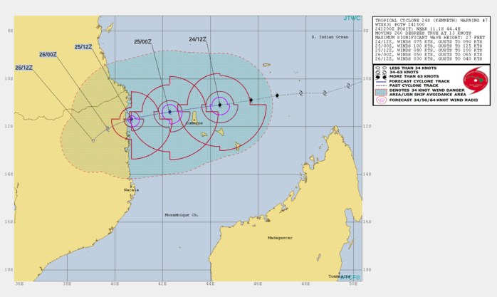 15UTC: TC KENNETH(24S) category 1 US, intensifying and tracking very close to Grande Comore within the next 6/12hours