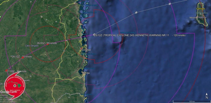 L'oeil du cyclone touche terre à une tentaine de kms au nord de Quisanga/Mozambique.