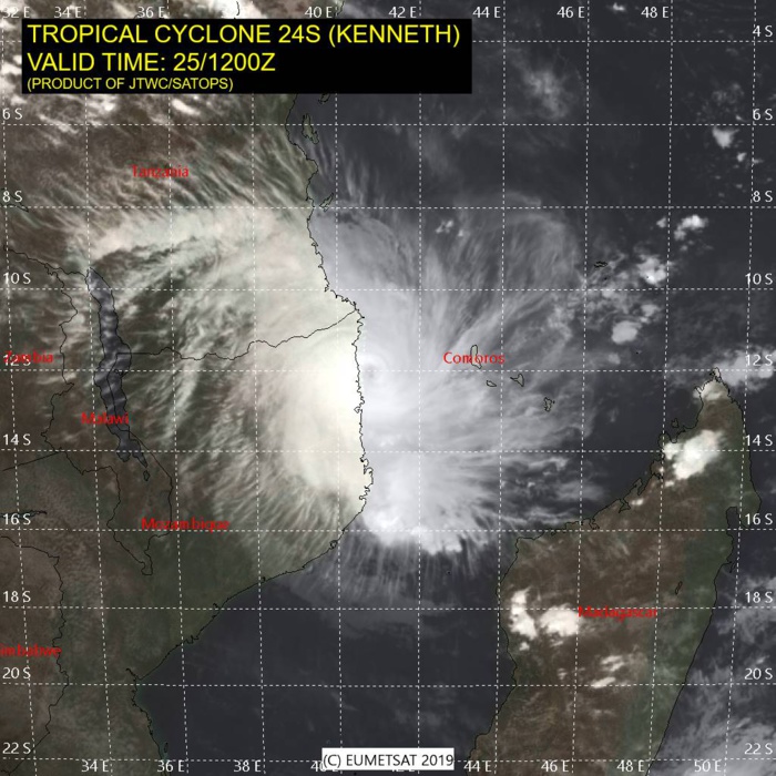 15UTC: TC KENNETH(24S), category 4 US making landfall 30km north of Quisanga/Mozambique 15UTC: TC KENNETH(24S), category 4 US making landfall 30km north of Quisanga/Mozambique