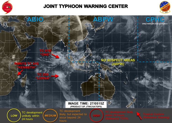 INDIAN OCEAN: TC 01B: significant intensification forecast next 4 days. TC LORNA(25S): significant weakening forecast after 12hours