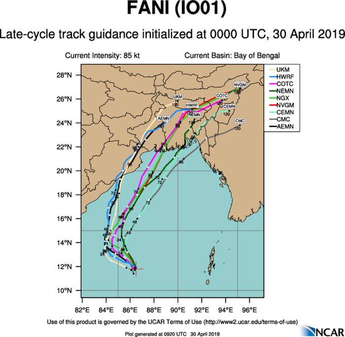 TC FANI(01B): category 2 US, intensifying, forecast to be a serious threat to Bhubaneswar and Kolkata in 3 to 4 days