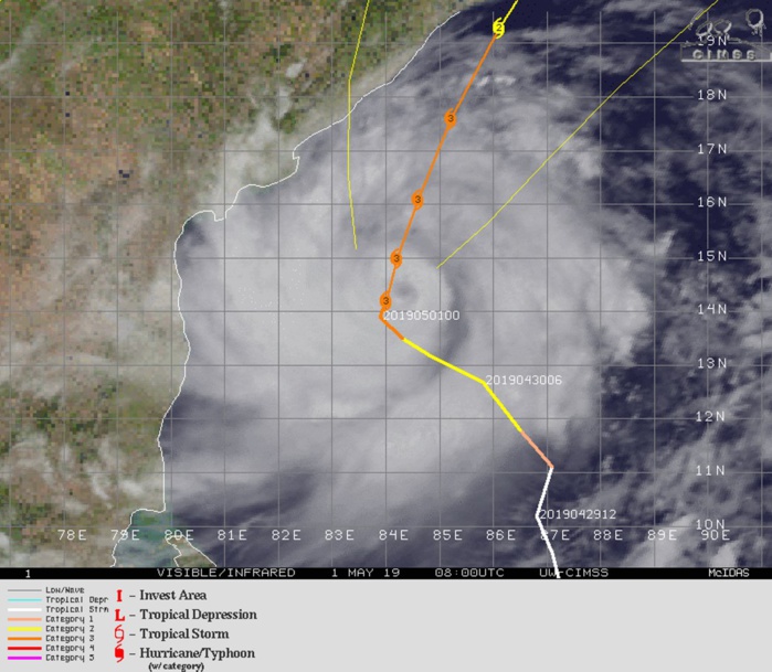 Cyclone FANI(01B) category 3 US, forecast to be close to the Puri/Ratanpur area in 48hours