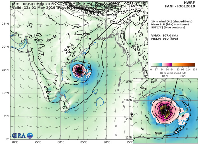 Dangereous TC FANI(01B) category 3 US, intensifying, forecast to hit Puri/Bhubaneshwar area shortly after 36hours(VIDEO)