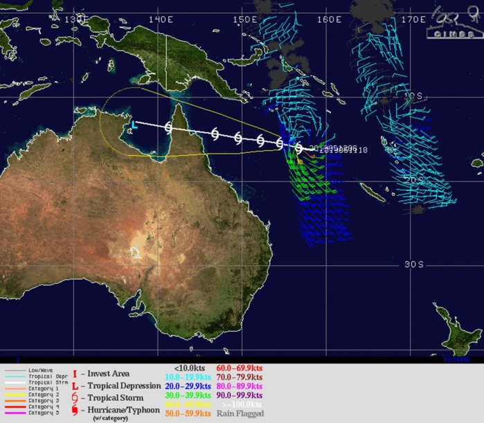 Coral Sea: Cyclone ANN(27P) has probably peaked ( 130km/h gusts) , landfall forecast over Cape York shortly before 48hours
