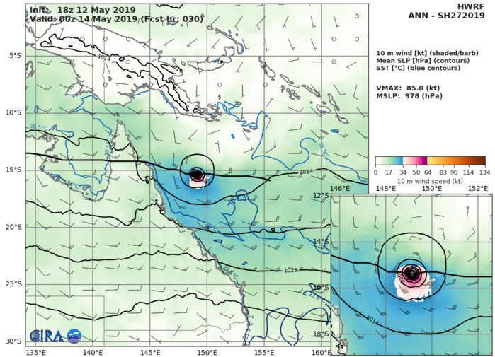 Coral Sea: Cyclone ANN(27P) is forecast to make landfall over Cape York near Coen in 48hours
