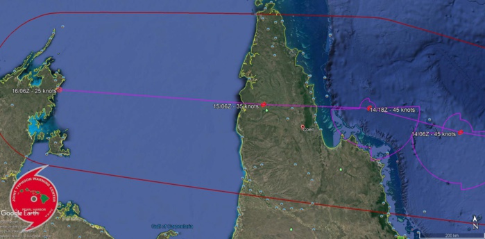 LANDFALL FORECAST NEAR COEN BETWEEN 36/48HOURS AS A 45KNOTS CYCLONE
