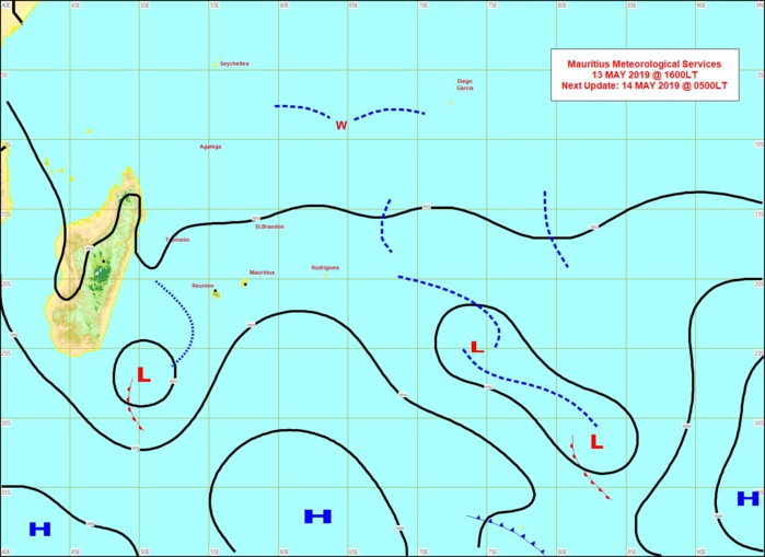 Carte de la situation en surface à 16heures. MMS/Vacoas. Carte de la situation en surface à 16heures. MMS/Vacoas.
