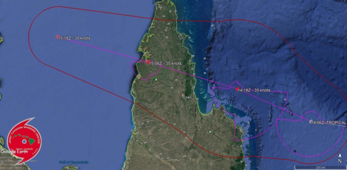FORECAST LANDFALL AREA NEAT COEN AS A 35KNOTS CYCLONE