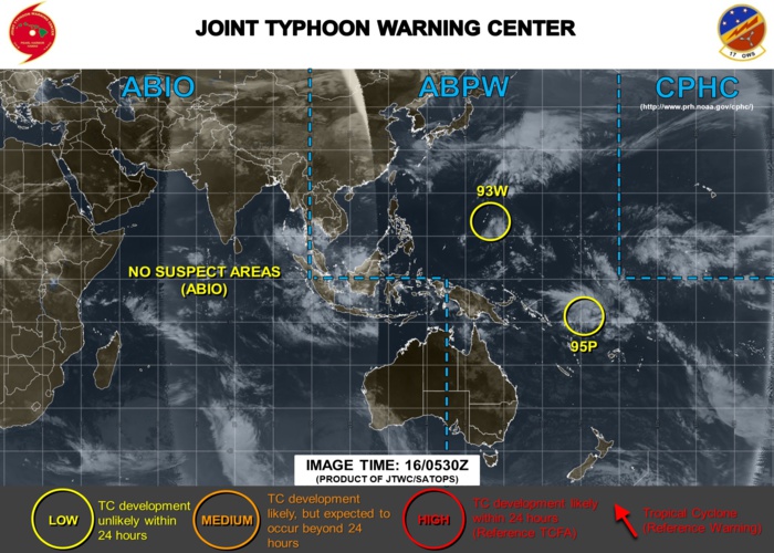 93W: near Guam, no development expected. 95P northwest of Fiji: might develop gradually after 24hours 93W: near Guam, no development expected. 95P northwest of Fiji: might develop gradually after 24hours