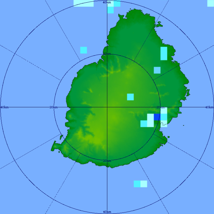 05h21: radar de Trou Aux Cerfs. Quelques averses sont notées dans l'est et le sud-est ce matin. Crédit image MMS