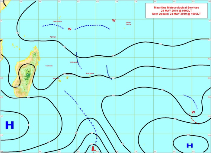 Situation en surface établie à 4 heures ce matin. Un anticyclone s'approche de notre région par le sud-ouest. MMS/Vacoas. Situation en surface établie à 4 heures ce matin. Un anticyclone s'approche de notre région par le sud-ouest. MMS/Vacoas.