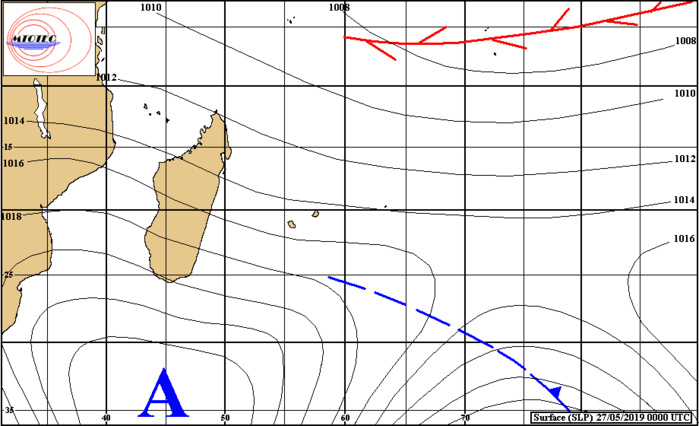 Analyse de la situation en surface ce matin à 4heures. L'anticyclone se positionne lentement au sud des Mascareignes. MTOTEC Analyse de la situation en surface ce matin à 4heures. L'anticyclone se positionne lentement au sud des Mascareignes. MTOTEC