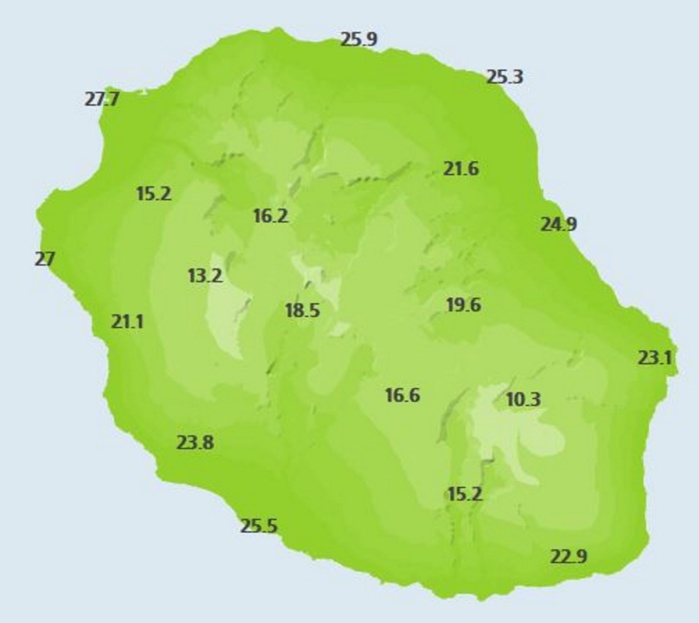 Stations de Météo France. Températures observées à midi.