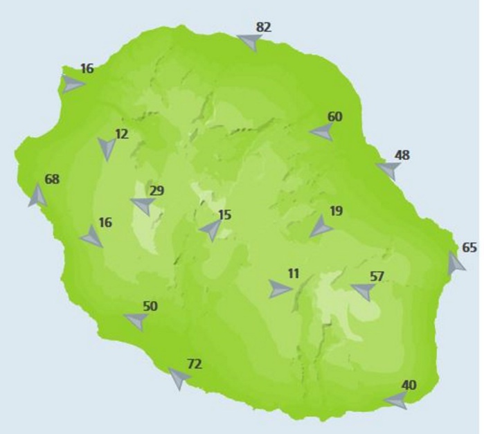 A midi les rafales dans les stations de Météo France. 82km/h à Gillot mais seulement 16km/h au Port ou le vent ne rentre pas.