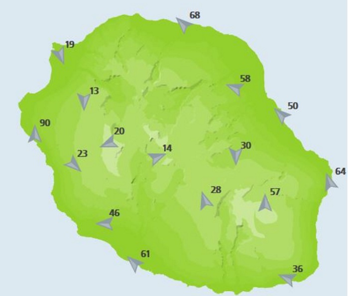 Rafales à 16heures dans les stations de Météo France. 90km/h près de la Saline, encore pratiquement 70km/h à Gillot.