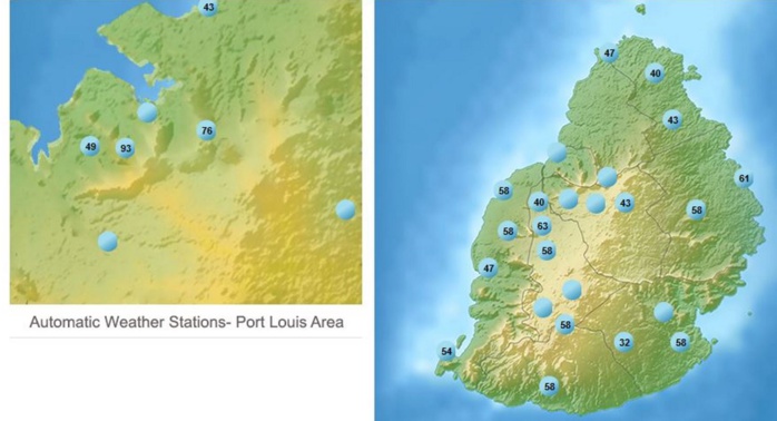 A 19heures rafales les plus fortes rapportées par les stations de MMS. A 19heures rafales les plus fortes rapportées par les stations de MMS.