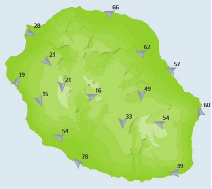 Rafales enregistrées par les stations de Météo France à midi. Rafales enregistrées par les stations de Météo France à midi.