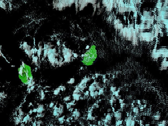 Noaa 20 à 14h12 cet après midi. Les nuages situés au sud-est et à l'est de MAURICE traverseront MAURICE par périodes aux cours des prochaines 24heures. NASA US