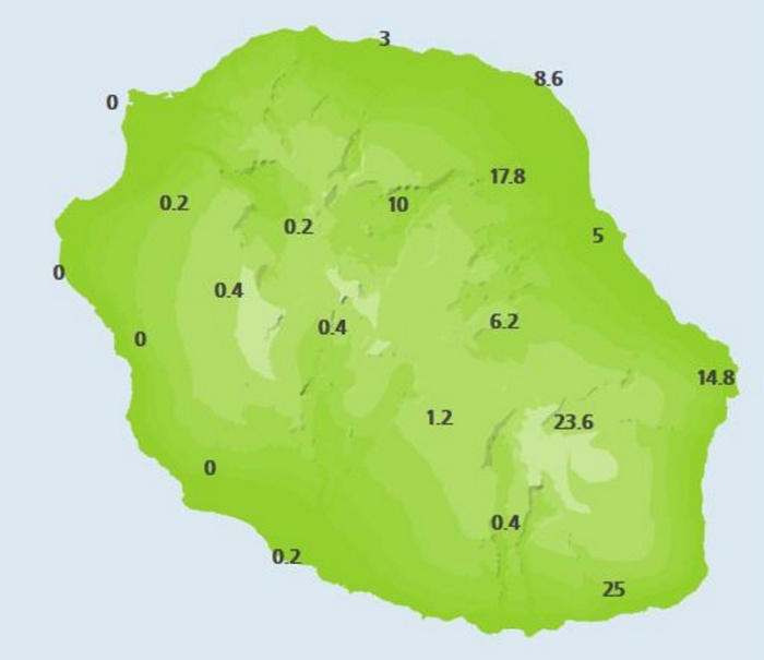 6heures ce matin. Cumuls de pluie des dernières 24heures. Stations de Météo France.