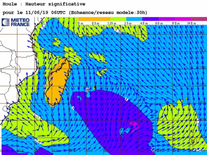 Simulation du modèle qui montre des vagues de 4mètres au sud de MAURICE mardi matin. METEO FRANCE