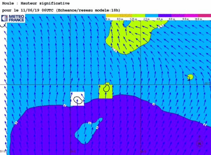 Le modèle montre les vagues de l'ordre de 4mètres transitant au sud de la REUNION avec un pic ce matin. METEO FRANCE